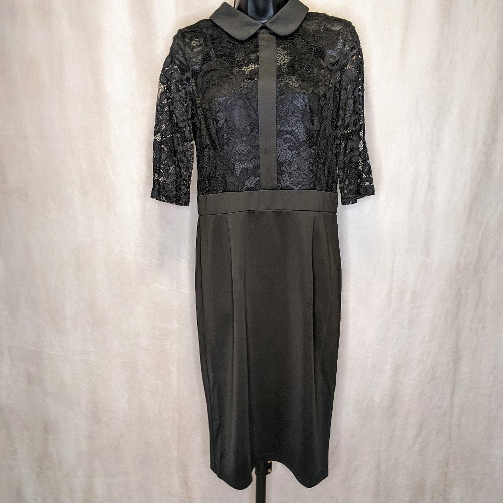 NWOT Medium Little Black Cocktail Dress with 3/4 lace sleeves and pan collar.